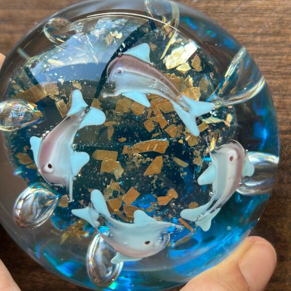 Vintage Murano Style Controlled Bubbles Dolphins w/ Gold Flakes Paperweight - Picture 8 of 9
